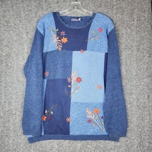 Tulchan Patchwork Floral Embroidered Sweater Womens Medium Blue Cottagecore